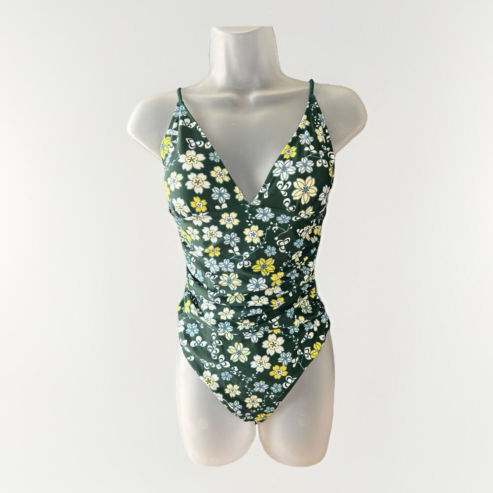 NEW Cupshe Green Floral 1-Piece Swimsuit Women's Med Deep V Wrap Tummy Control